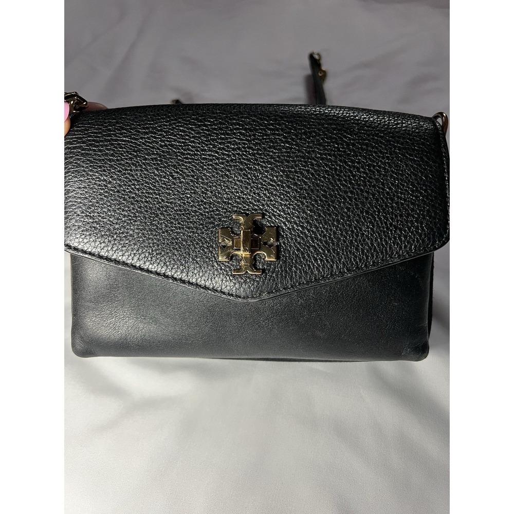 Tory Burch Kira Black Pebbled Leather Small Shoulder Crossbody Bag Gold Chain